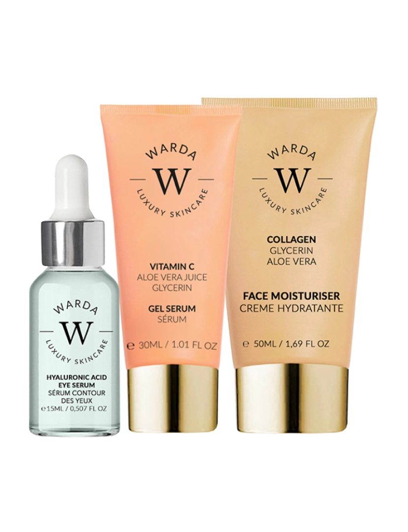 Warda Skincare - SKIN GLOW BOOST VITAMIN C GEL SERUM 30ml + SKIN HYDRATION BOOST HYALURONIC ACID EYE SERUM 15ml + SKIN LIFTER BOOST COLLAGEN MOISTURISER 50ml