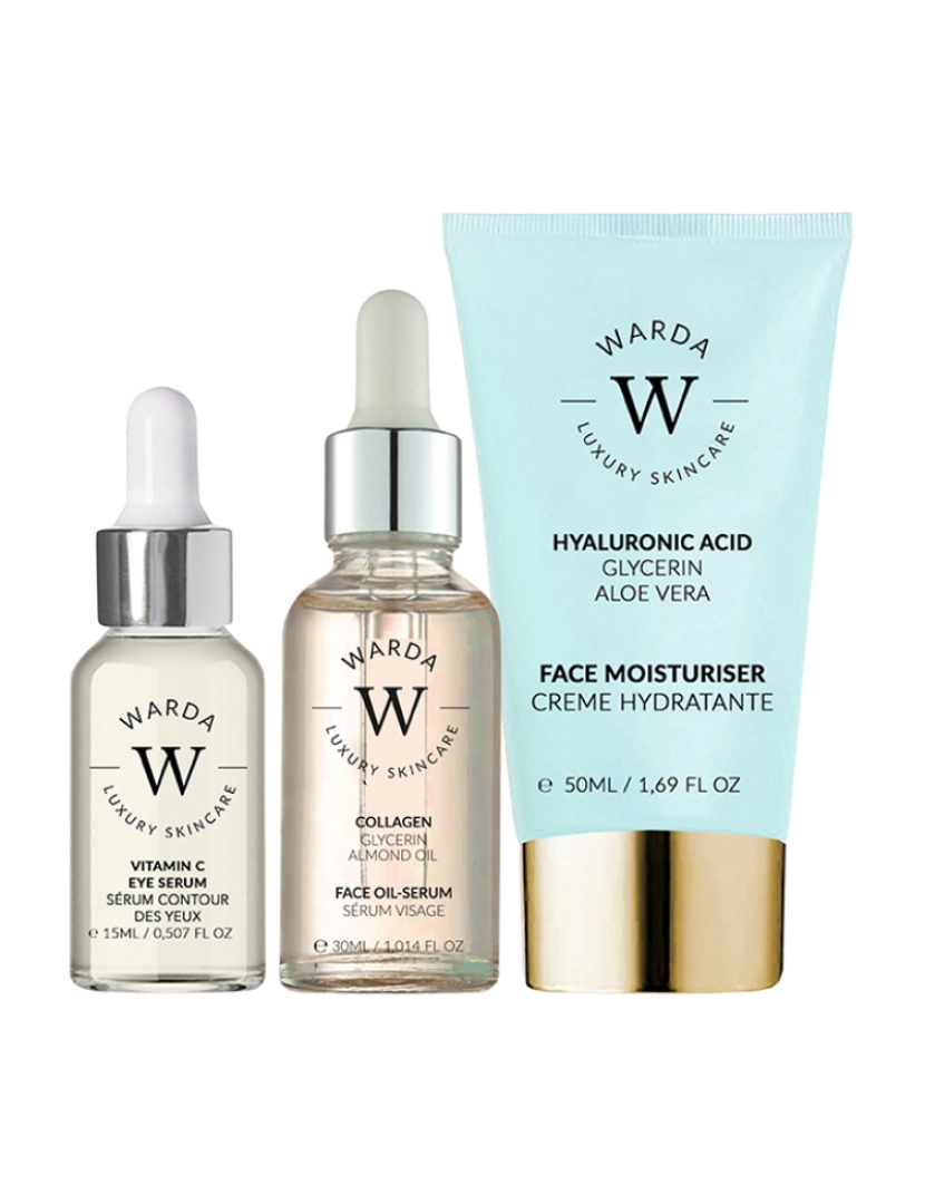 Warda Skincare - SKIN GLOW BOOST VITAMIN C EYE SERUM 15ml +COLLAGEN SKIN LIFTER BOOST OIL SERUM 30ml + SKIN HYDRATION BOOST HYALURONIC ACID MOISTURISER 50ml