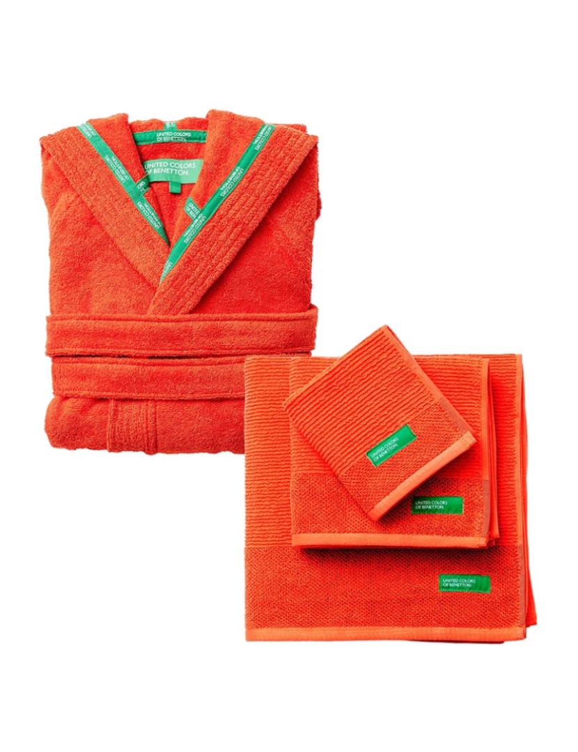 Benetton - Roupão de algodão com capuz L-XL + conjunto de 3 toalhas de banho laranja 'arco-íris'