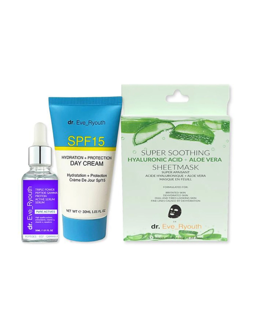 Dr. Eve Ryouth - Soro Ativo Triple Power Peptide Gamma Protein 30Ml+Ácido Hialurónico Super Calmante + Máscara De Aloe Vera+Hidratação Fps15 + Creme De Dia De Proteção 30 Ml