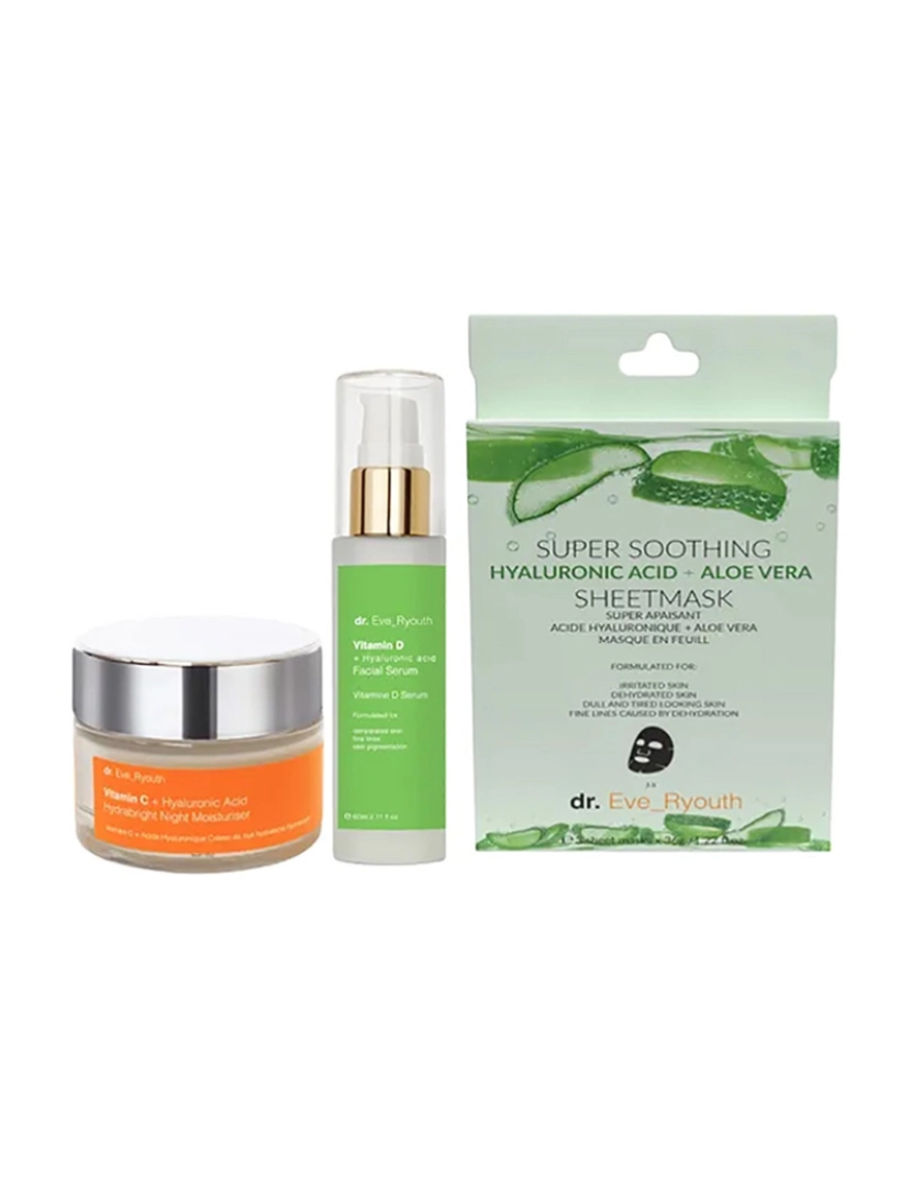 Dr. Eve Ryouth - Vitamina C + Ácido Hialurónico Hidratante Noturno Hydrabright 50Ml + Vitamina D + Ácido Hialurónico Pro-Age Serum 60Ml + Ácido Hialurónico Super Calmante + Máscara De Aloe Vera - Máscaras De 3 Folhas