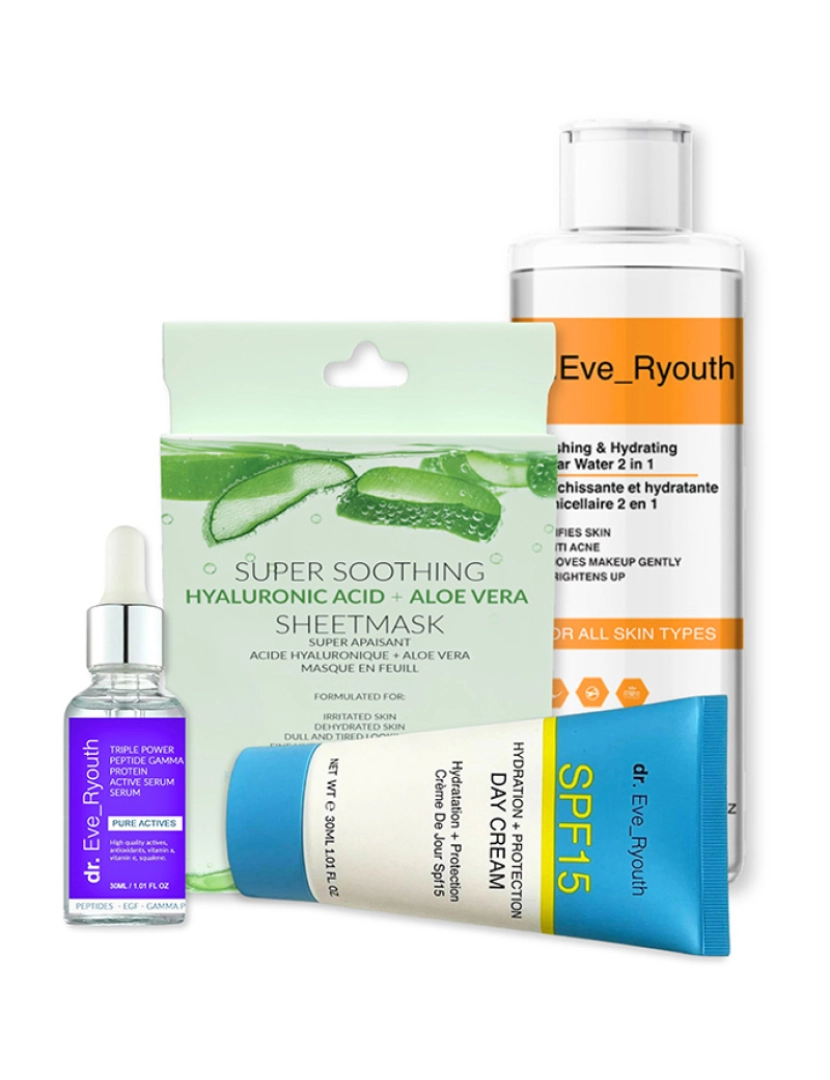 Dr. Eve Ryouth - Triple Power Peptide Gamma Protein Soro Ativo 30Ml+Ácido Hialurónico Super Calmante + Máscara De Aloe Vera+Spf15 Hidratação + Creme De Dia Proteção 30 Ml+Água Micelar Refrescante E Hidratante 2 Em 1 150Ml