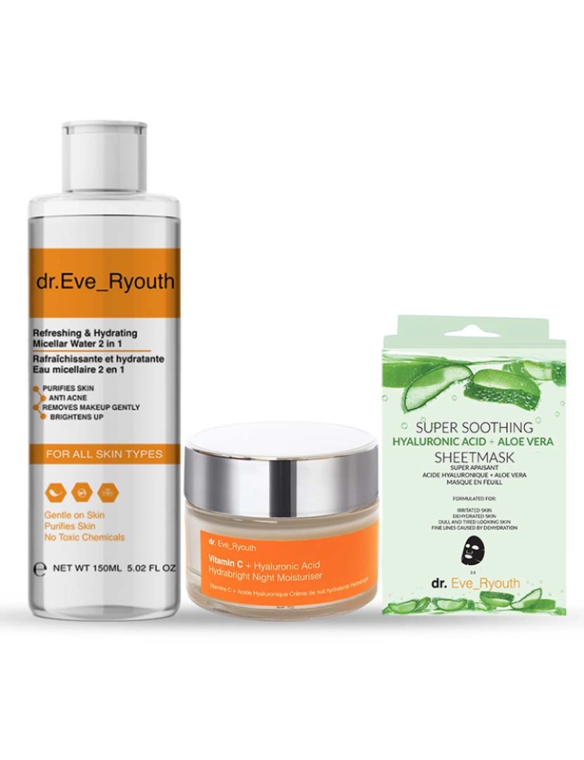 Dr. Eve Ryouth - Água Micelar Refrescante E Hidratante 2 Em 1 150Ml + Ácido Hialurónico Super Calmante + Máscara De Aloe Vera - Máscaras De 3 Folhas + Vitamina C + Ácido Hialurónico Hidratante Noturno Hydrabright 50Ml