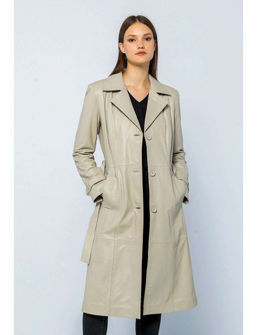 Basics&More - Casaco Trench Comprido Pele Senhora Bege