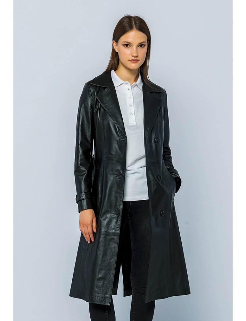 Basics&More - Casaco Trench Comprido Pele Senhora Preto