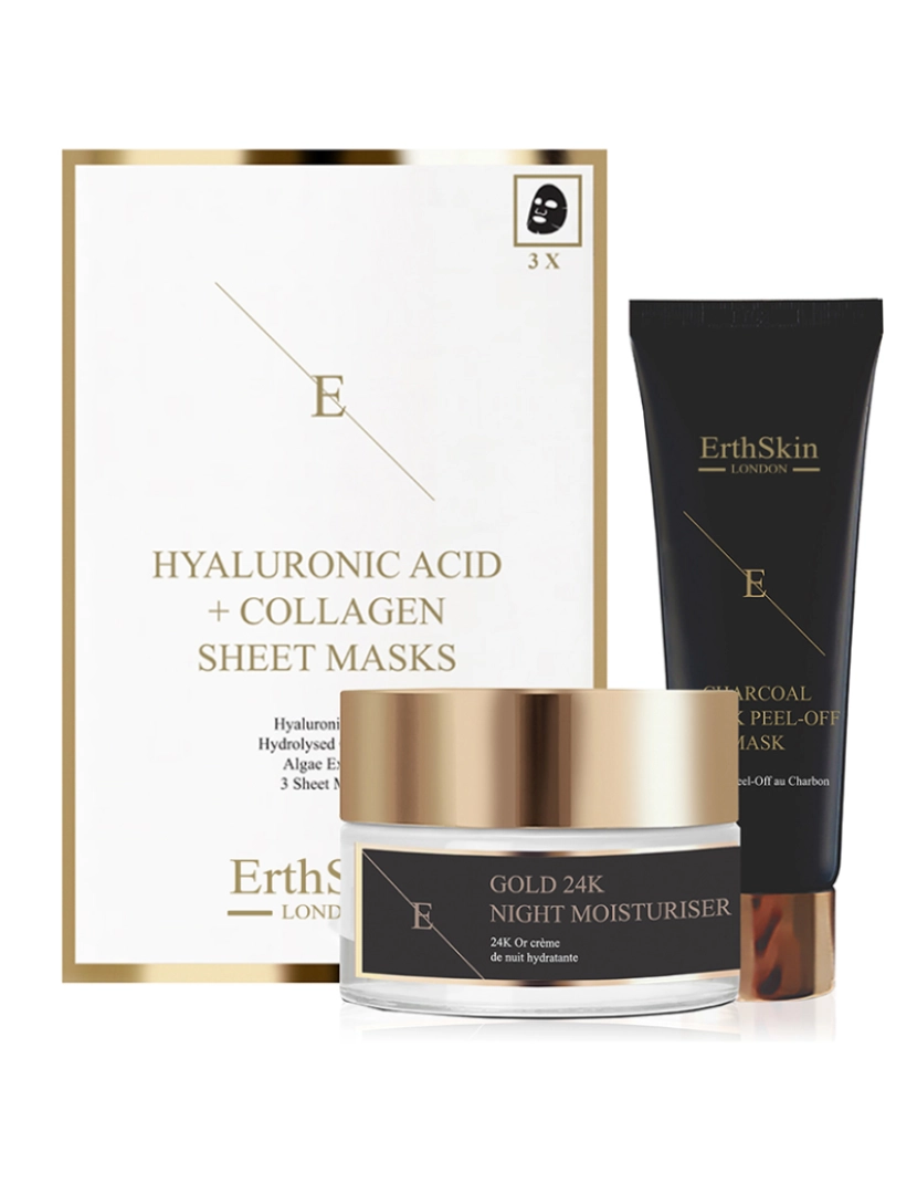 Erth Skin London - Hidratante Noite Anti-Rugas Ouro 24K + Máscara Facial Peel Off + Ácido Hialurônico E Máscara De Colágeno - 3 Folhas