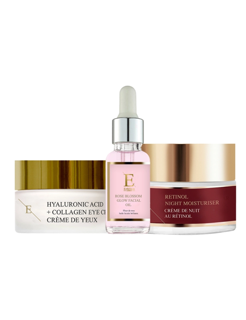 Erth Skin London - Hidratante Noturno De Retinol 50Ml + Ácido Hialurônico + Colágeno Pro Age Creme Para Os Olhos 30Ml + Óleo Facial Brilho De Flor De Rosa 30Ml