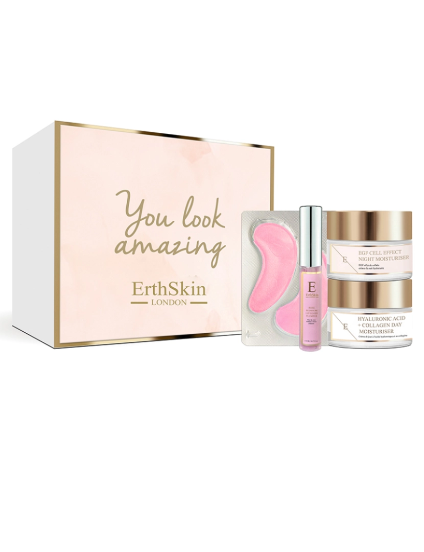 Erth Skin London - Rose Blossom Glow Lip Plumping Gloss + Rose Blossom Glow Hydro-Gel Eye Pads + Egf Cell-Effect Night Hidratante + Ácido Hialurônico E Hidratante Diurno De Colágeno<br>(Kit Universal)