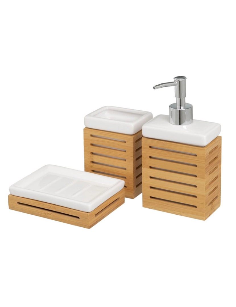 BB - Conjunto de Banho Branco Natural Cerâmica Bambu 25,5 x 7,5 x 23,5 cm 3 Peças