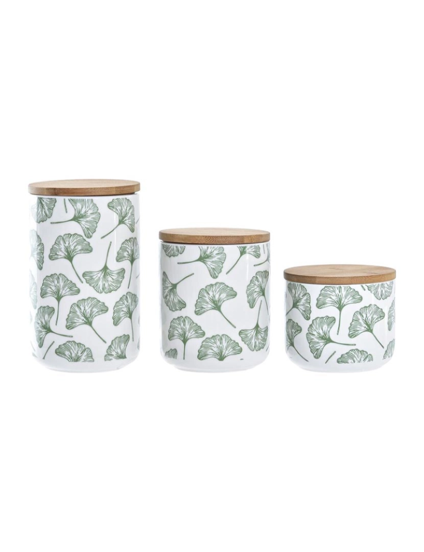 DKD Home - Conjunto de 3 Potes DKD Home Decor Natural Branco Verde Bambu Grés Tropical 10 x 10 x 17 cm