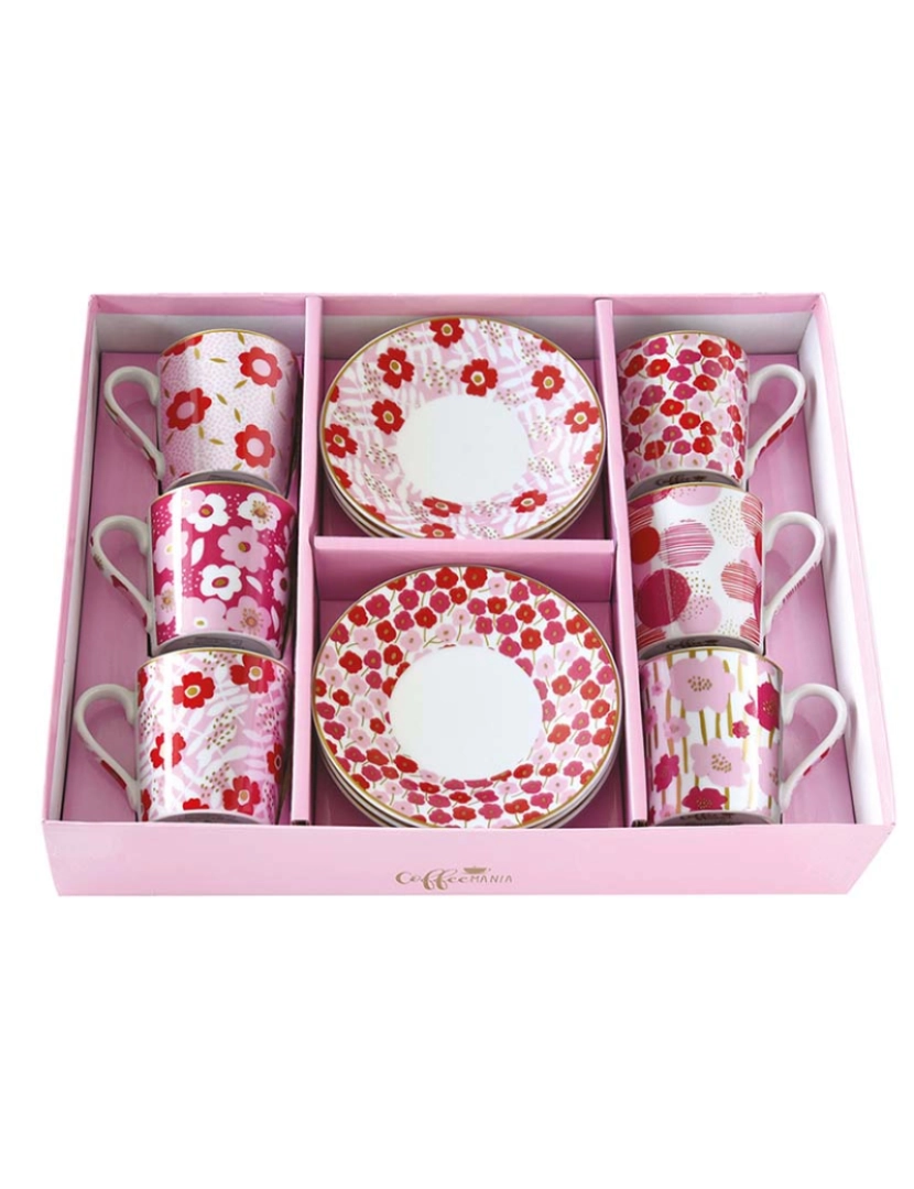 EasyLife - Conjunto 6 Xícaras E Pires Em Porcelana 100 Ml Em Caixa Presente Flower Power Pink