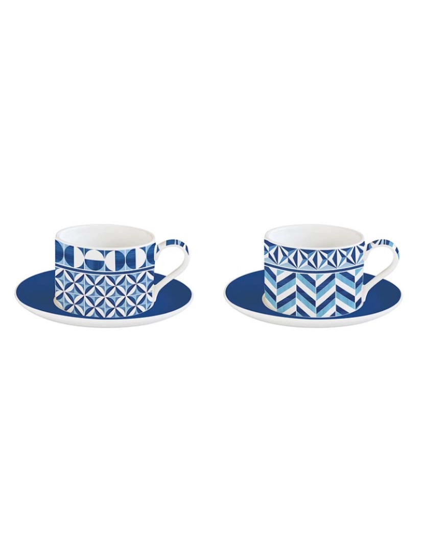 EasyLife - Conjunto 2 Xícaras E Pires De Porcelana 240 Ml Em Caixa Presente Geometric Blue