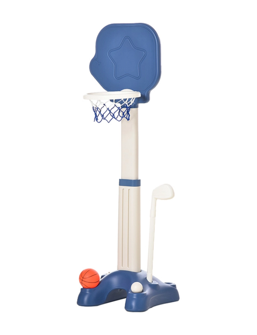 Homcom - HOMCOM Tabela de Basquetebol 2 em 1 Jogo de Golf para Crianças acima de 2 Anos Aro com Altura Ajustável de 83-120cm Bolas e Taco de Golf 46x41x116-153cm Azul e Branco