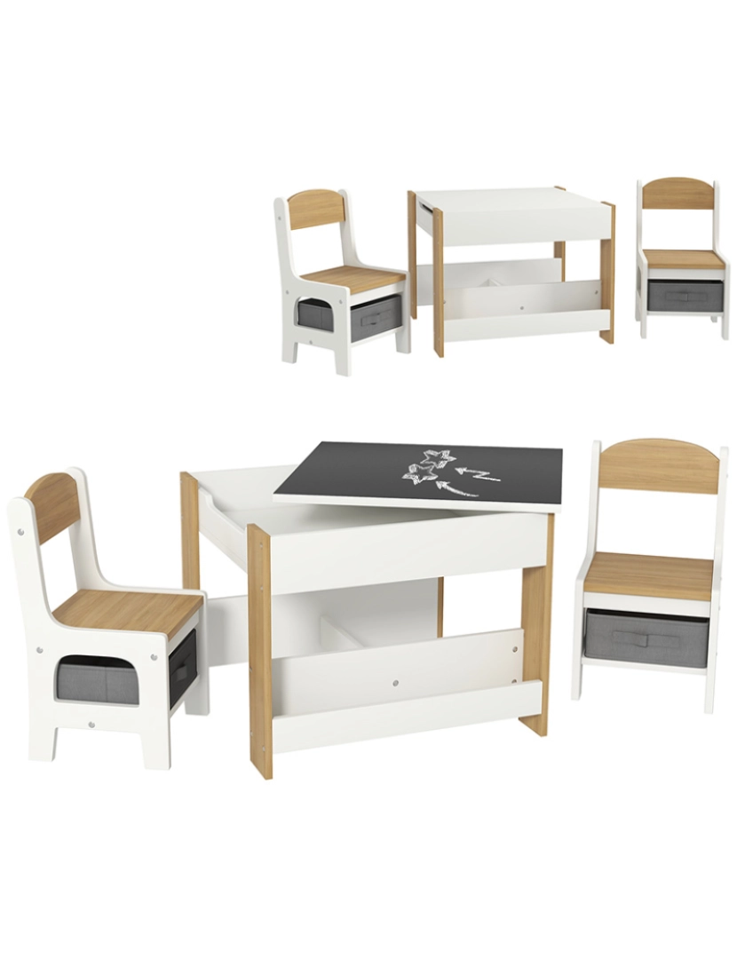 Homcom - Conjunto Mesa + 2 Cadeiras Cinza, Branco e Madeira