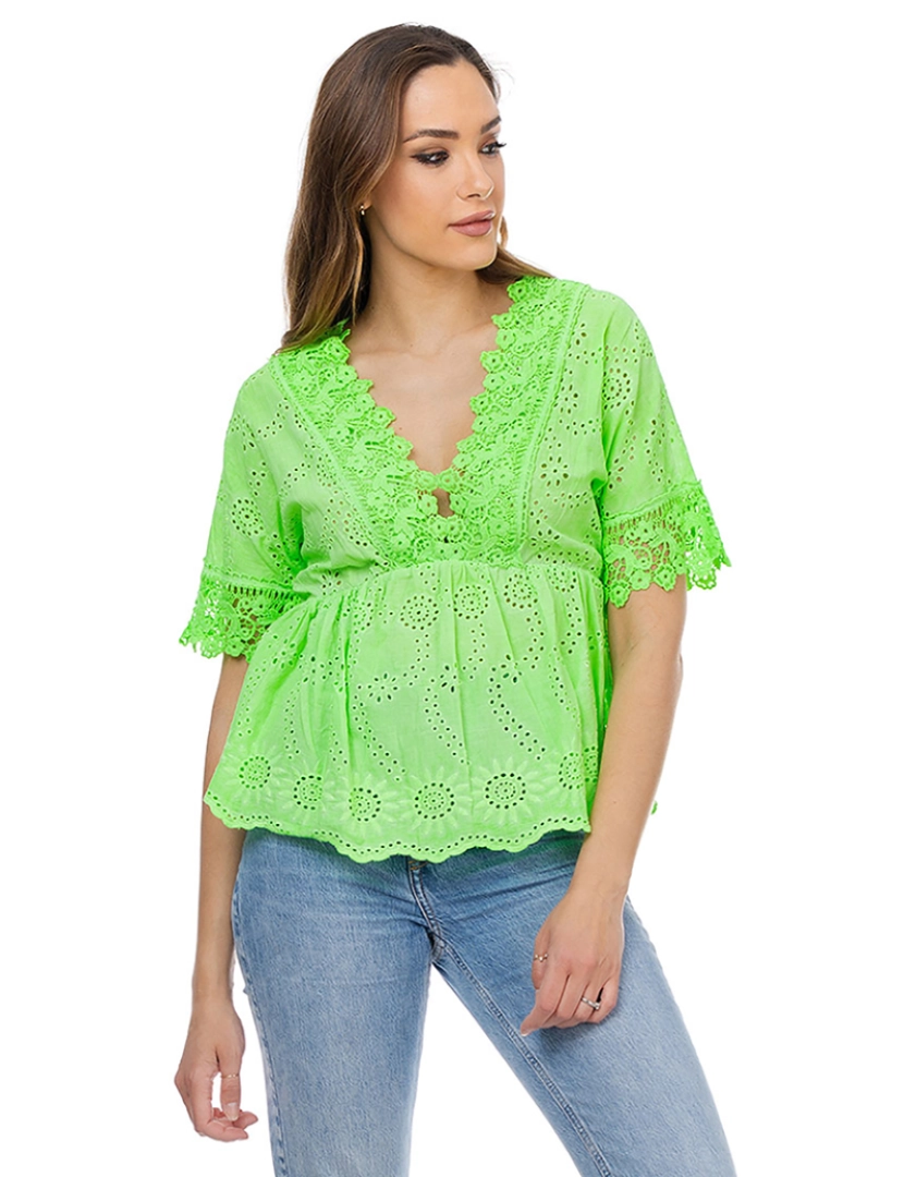 Tantra - Blusa neon com decote em V com flores bordadas e cintura elástica Verde