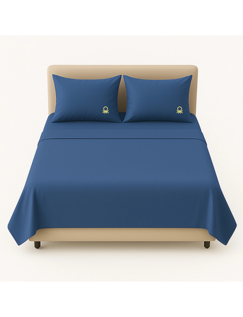 Benetton - Conjunto de lençóis de casal com 4 peças: lençol de cima (240x240cm com bainha simples de 5cm) + lençol com elástico (160x200+aba de 30cm) + 2 fronhas (50x80cm) 100% algodão